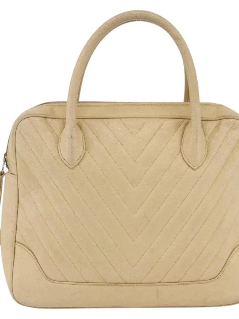 CHANEL Hand Bag Grained Calf Skin Cream Gold CC Auth 174548
